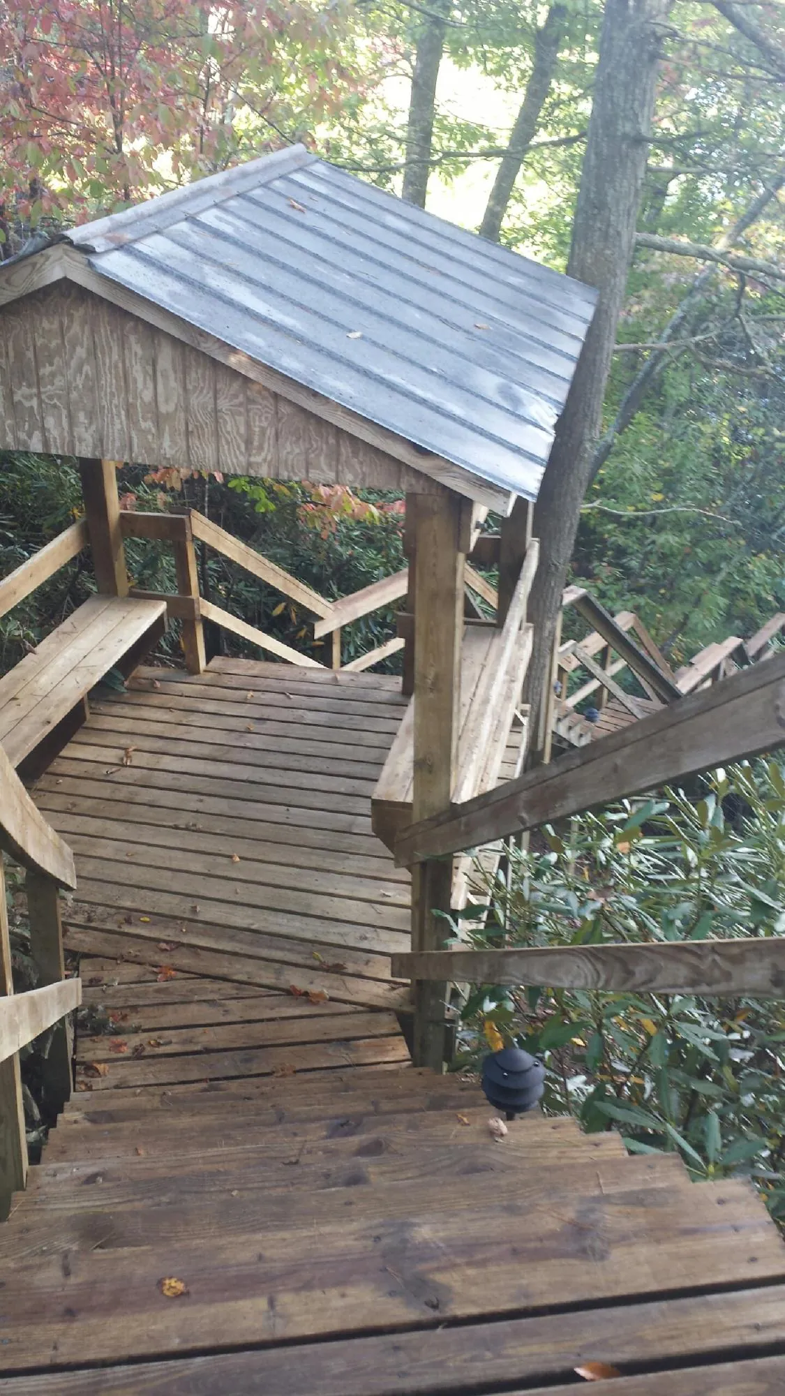 Metal roofed shelter over wooden steps on a wooded walkway — Skylight Repair & Installation work by our crew in East Earl